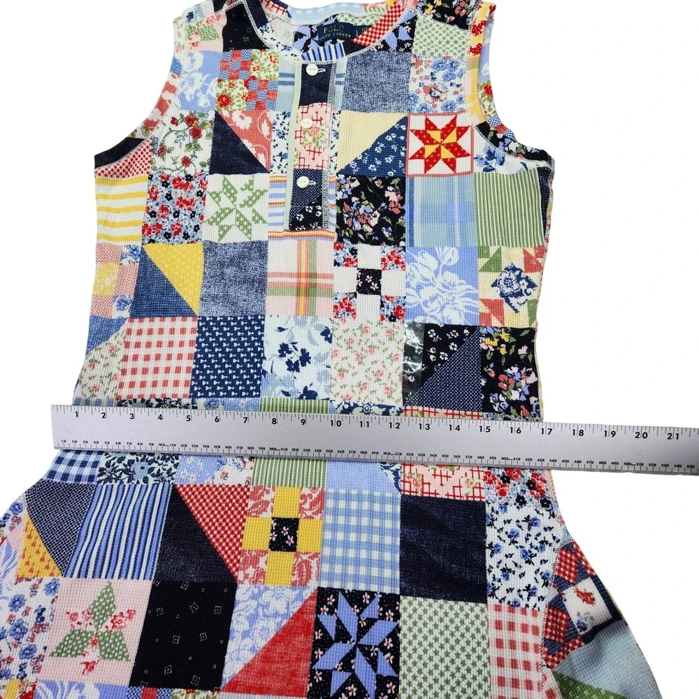 Polo Ralph Lauren Patchwork Quilt Print Waffle‎ Knit Maxi Dress Blue L RARE New - Picture 8 of 15
